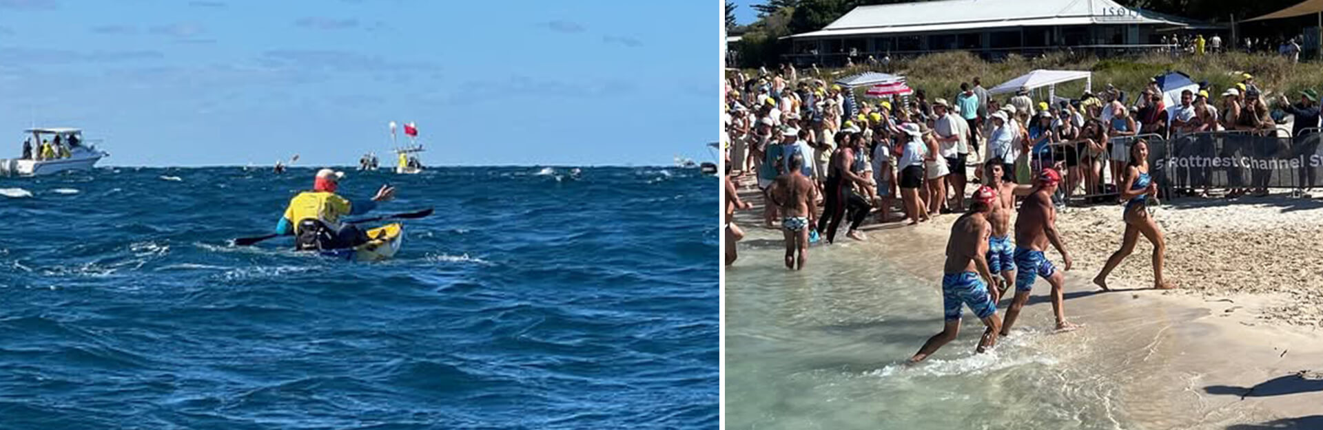 A kayaker paddles in the ocean while a crowd gathers on the beach, watching an event near the water.