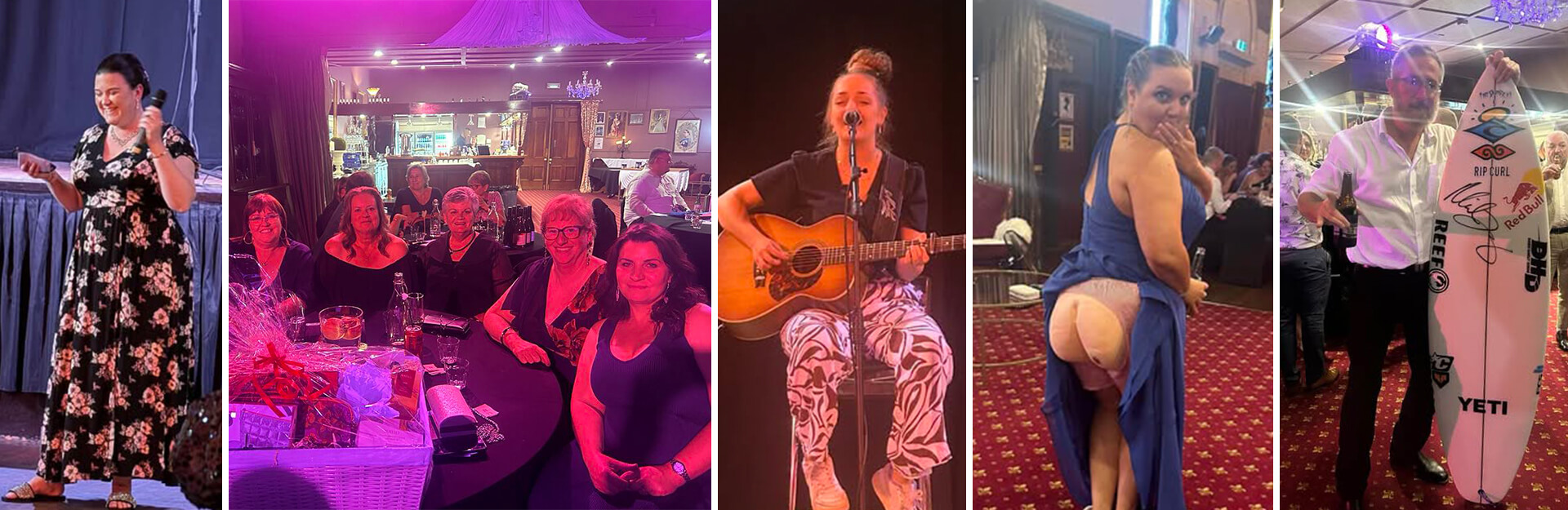 A series of photos featuring a woman speaking on stage, a group of friends at a table, a singer with a guitar, a woman posing playfully, and a man holding a signed surfboard.