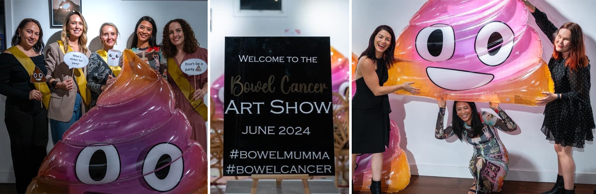 A group of women poses with a large, smiling poop emoji and a sign for the Bowel Cancer Art Show, June 2024.
