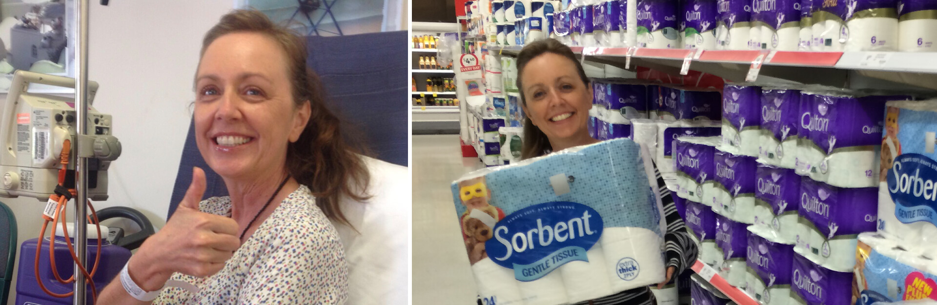 A woman in a hospital bed gives a thumbs-up and smiles; another photo shows her holding a pack of Sorbent tissue in a store.