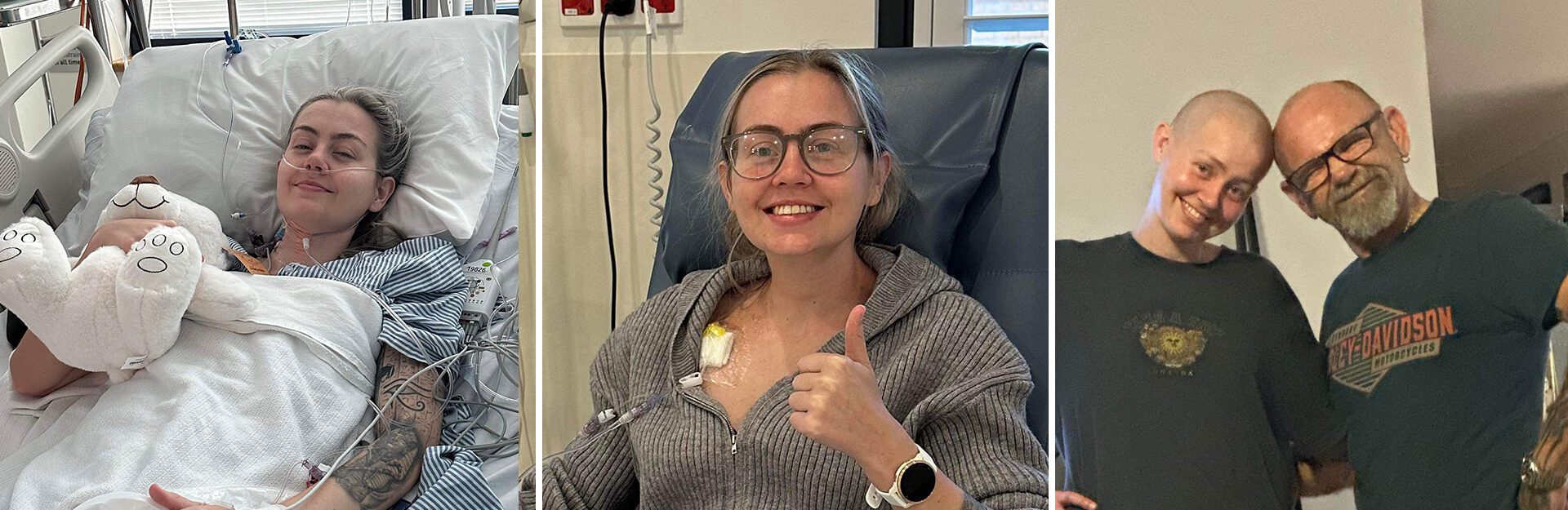 A woman in a hospital bed holding a stuffed animal, another woman giving a thumbs up in a medical setting, and two smiling individuals together.