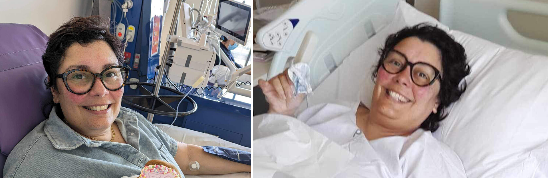 Two images of a smiling woman in a hospital setting, one holding a donut, both in hospital gowns.