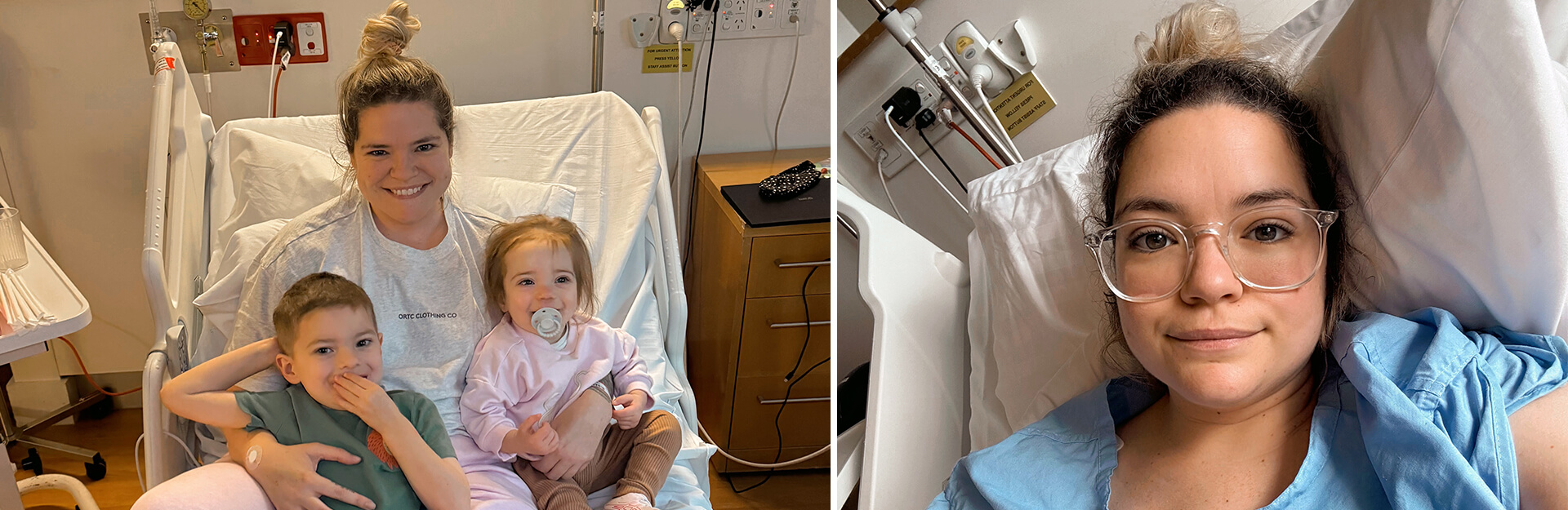 A woman sits in a hospital bed with two children, one on her lap and another beside her, both smiling.
