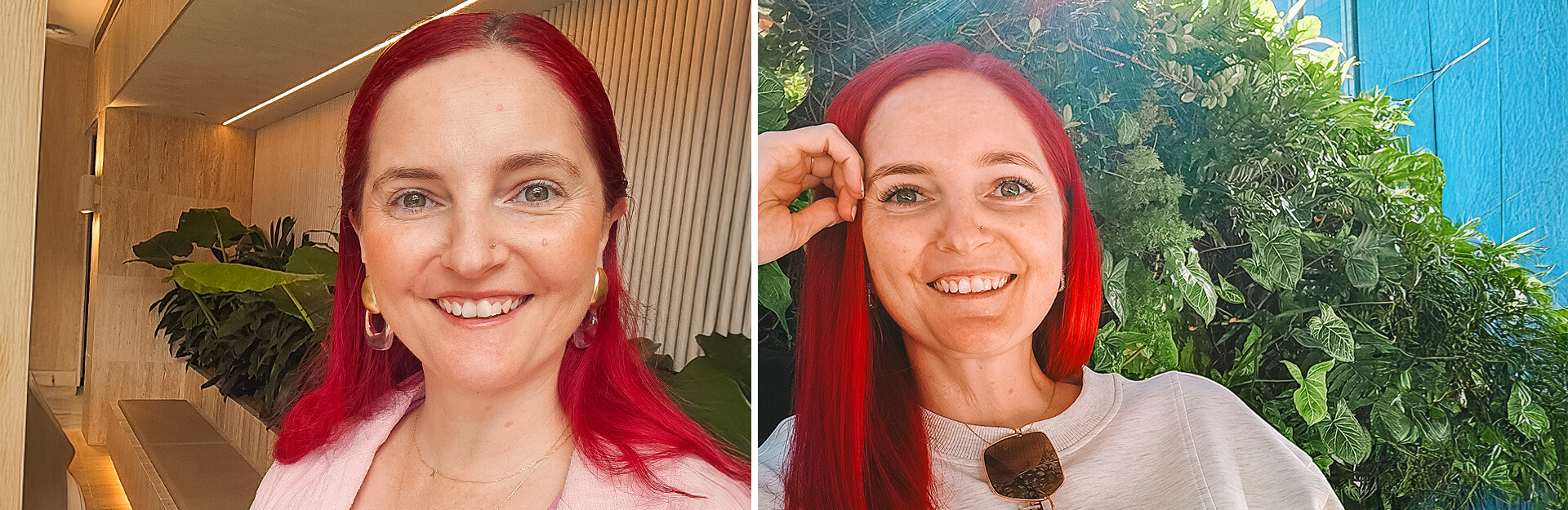 Two images of a woman with long red hair, smiling in different settings, one indoors and one outdoors with greenery.