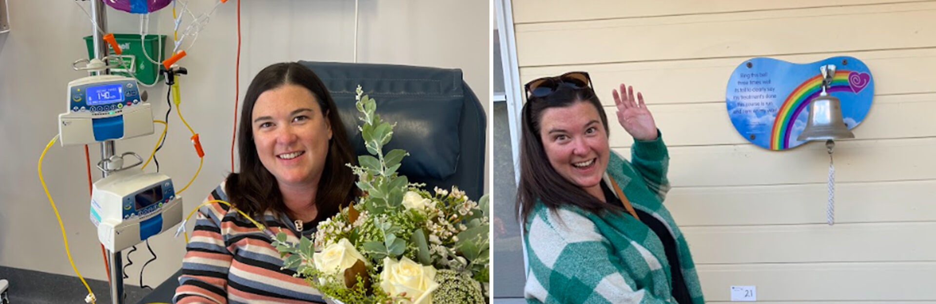 A woman smiles while holding a bouquet of flowers in a hospital setting, alongside another image of her waving next to a bell.