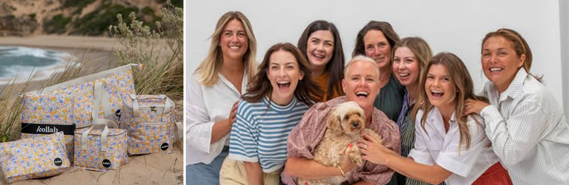 A beach scene with colorful bags and a group of smiling women holding a dog in a studio setting.