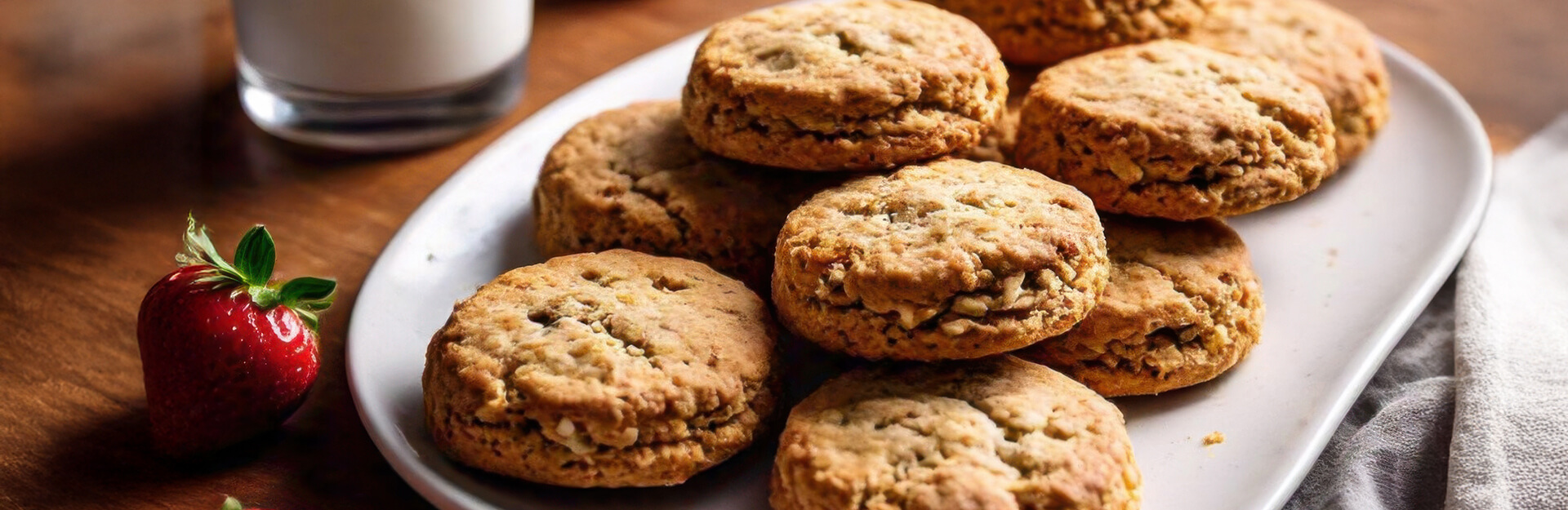A plate of freshly baked cookies with a strawberry and a glass of milk in the background on a wooden table.