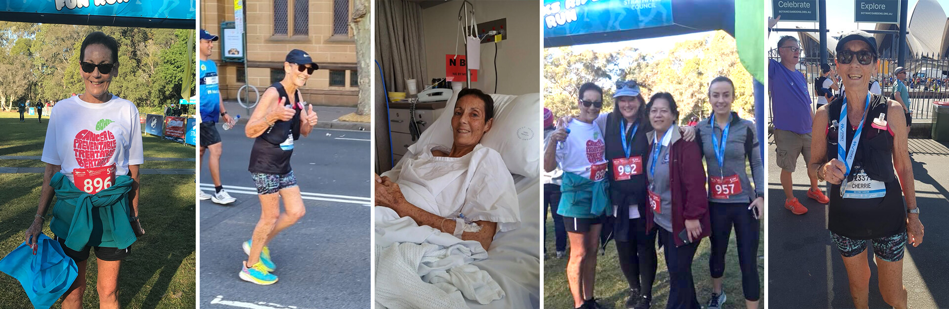 A woman in athletic gear poses with a race bib, participates in a run, recovers in a hospital, and celebrates with friends.