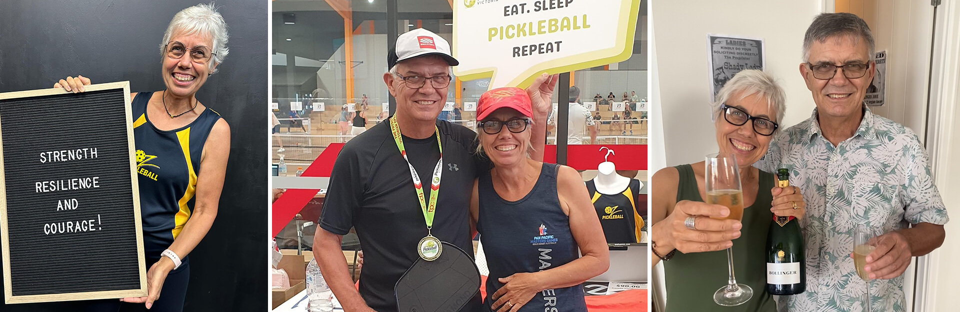 Three images: a woman holding a sign, a couple with medals at a pickleball event, and two people celebrating with champagne.