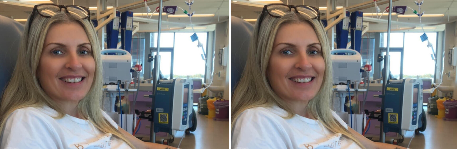 A woman with long blonde hair smiles while sitting in a hospital setting with medical equipment in the background.