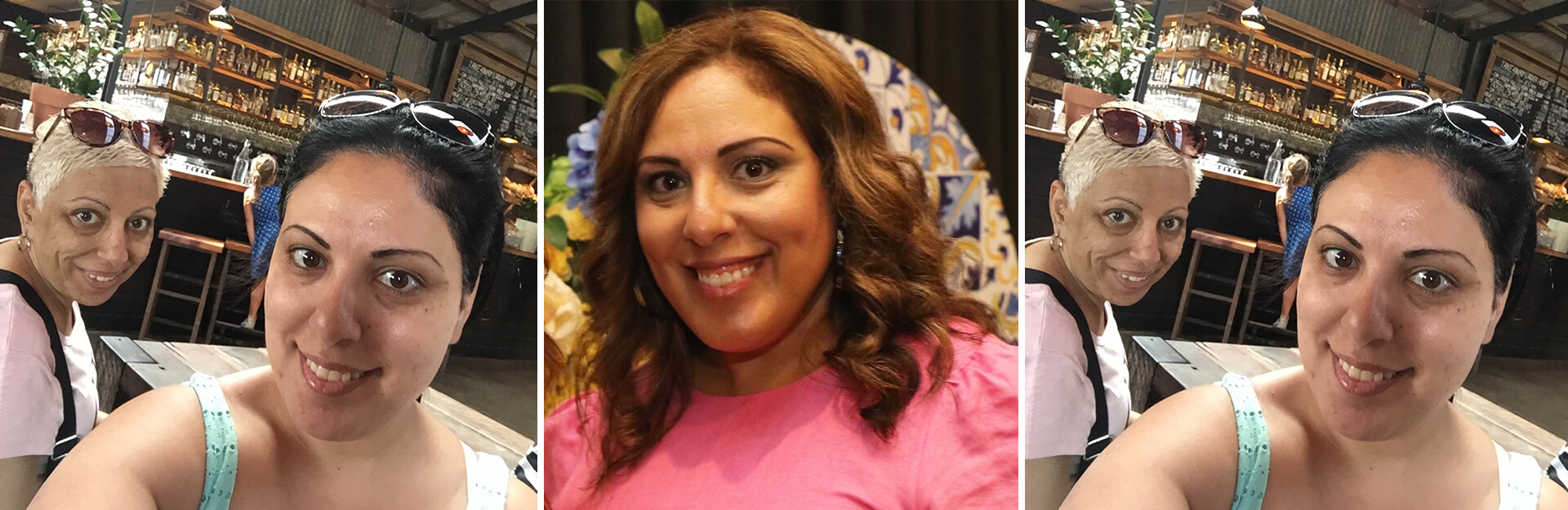Three selfies of two women in a casual setting with a bar background, one with short hair and the other with longer hair.