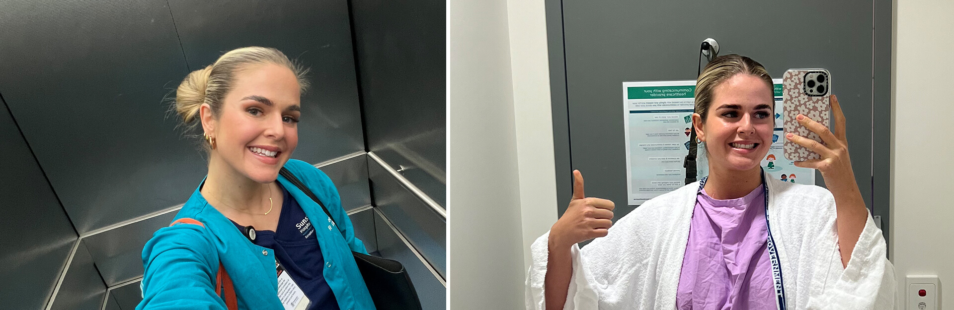 A woman takes selfies in an elevator and a bathroom, smiling and dressed in medical attire with a robe.