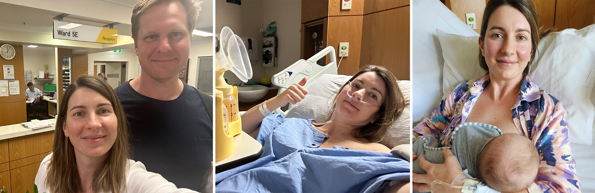 A woman and a man smile in a hospital reception. The woman is then seen in a hospital bed with medical equipment. Lastly, she holds a baby.