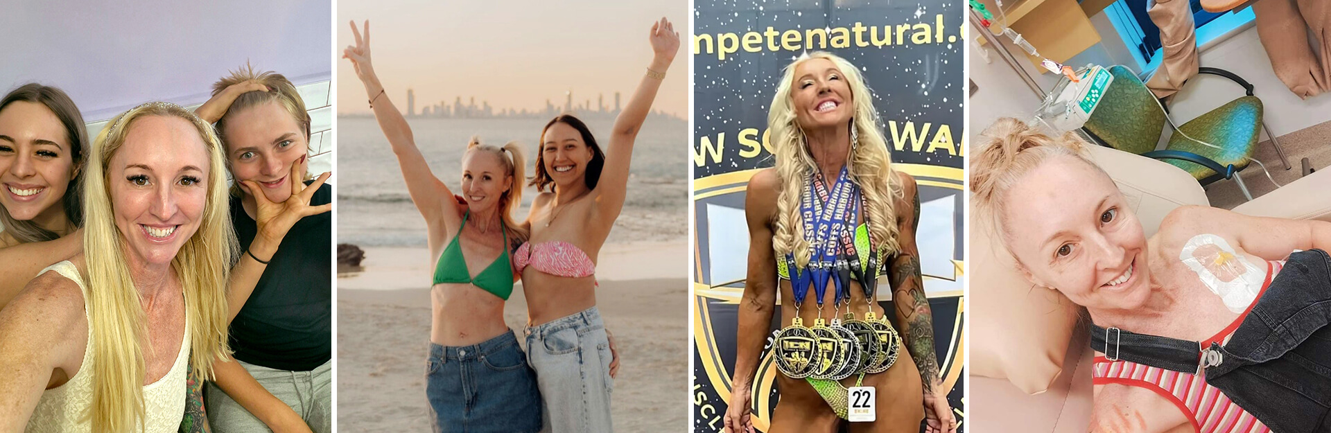 A collage of four images: friends posing, beach fun, a medal winner, and a woman in a medical setting.