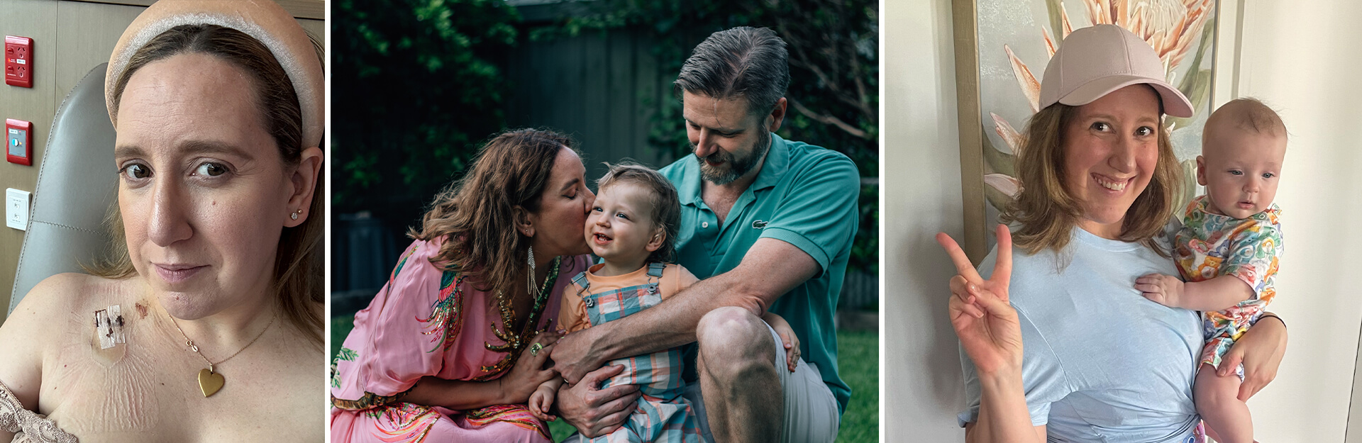 A woman with a surgical bandage on her chest, a family portrait with a woman kissing a child, and a woman holding a baby.