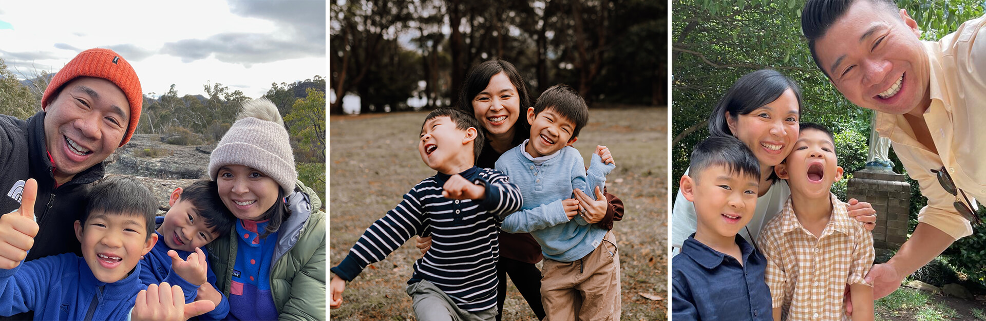 Three photos of families enjoying time outdoors, smiling and posing together with children in various settings.