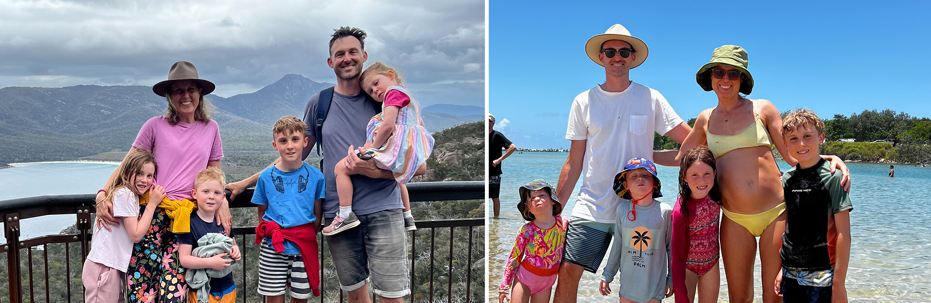 Two family photos: one at a scenic lookout with mountains, the other at the beach on a sunny day with water and sand.