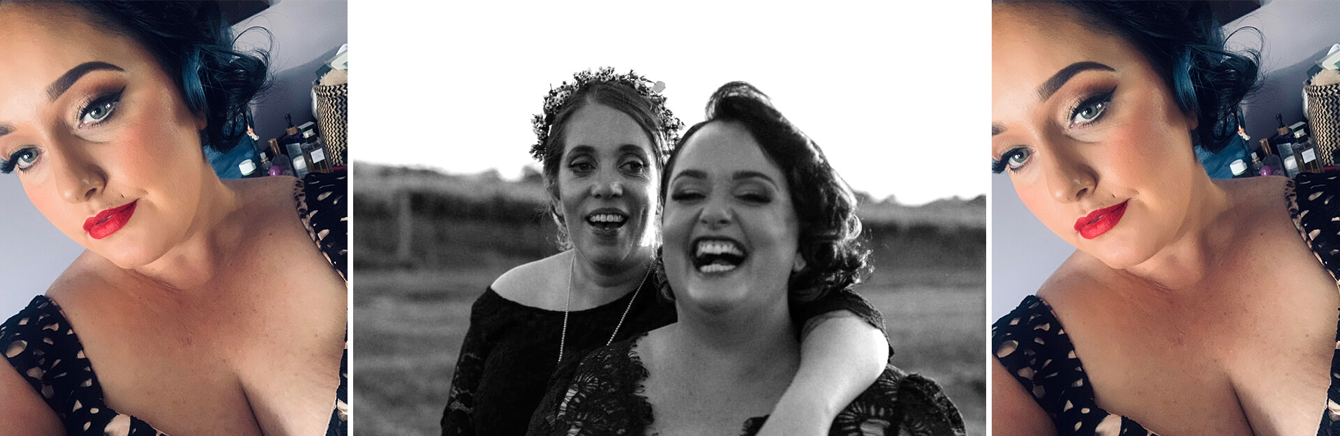 Three images: a close-up selfie of a woman with red lipstick, and two women laughing together outdoors.