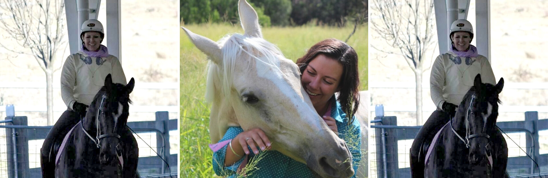 A woman riding a horse, and another woman gently interacting with a white horse in a grassy area.
