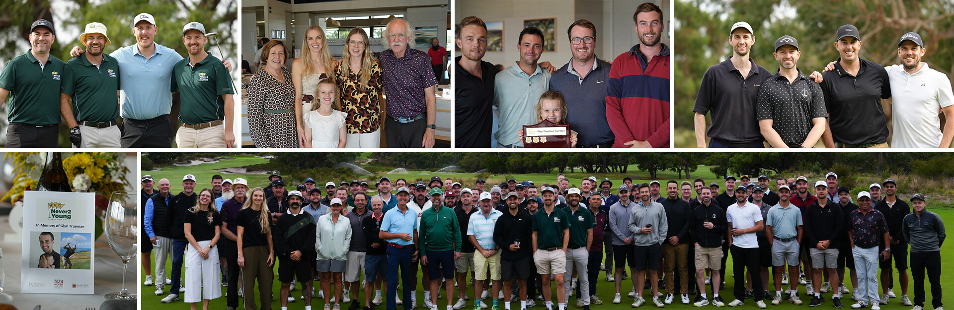Collage of a golf event with groups of participants, family members, and memorial signage for Glyn Trueman.
