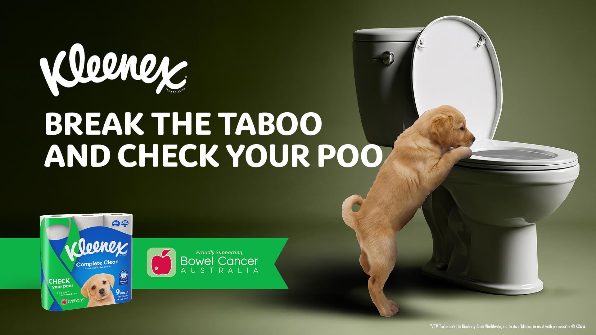 A golden puppy leans over a toilet, with Kleenex branding and a message about bowel health visible in the background.