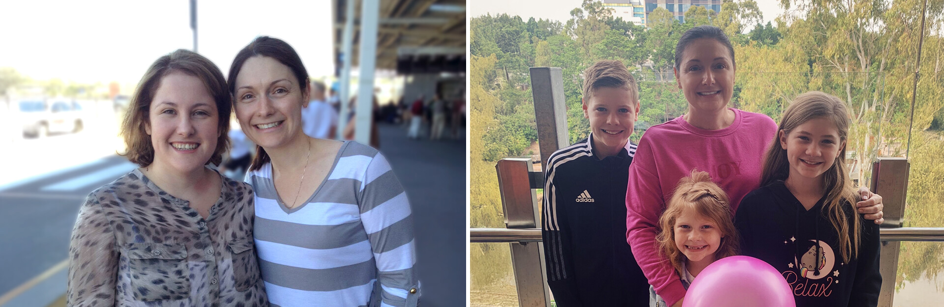 Two images side by side: one of two women smiling outdoors, the other of a woman with three children smiling by a window.