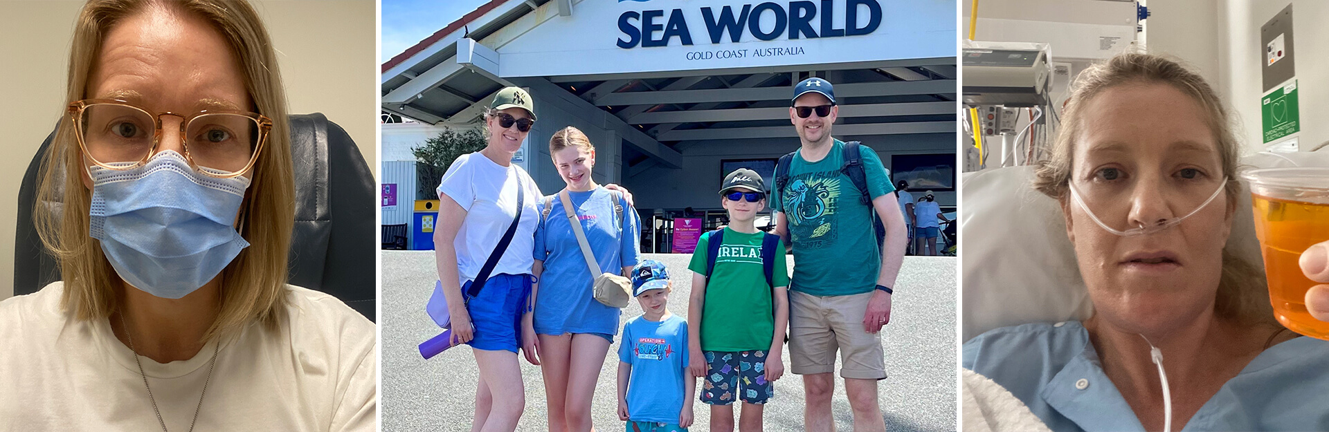 A woman in a medical setting wearing a mask; two images of a family at Sea World, enjoying their visit.