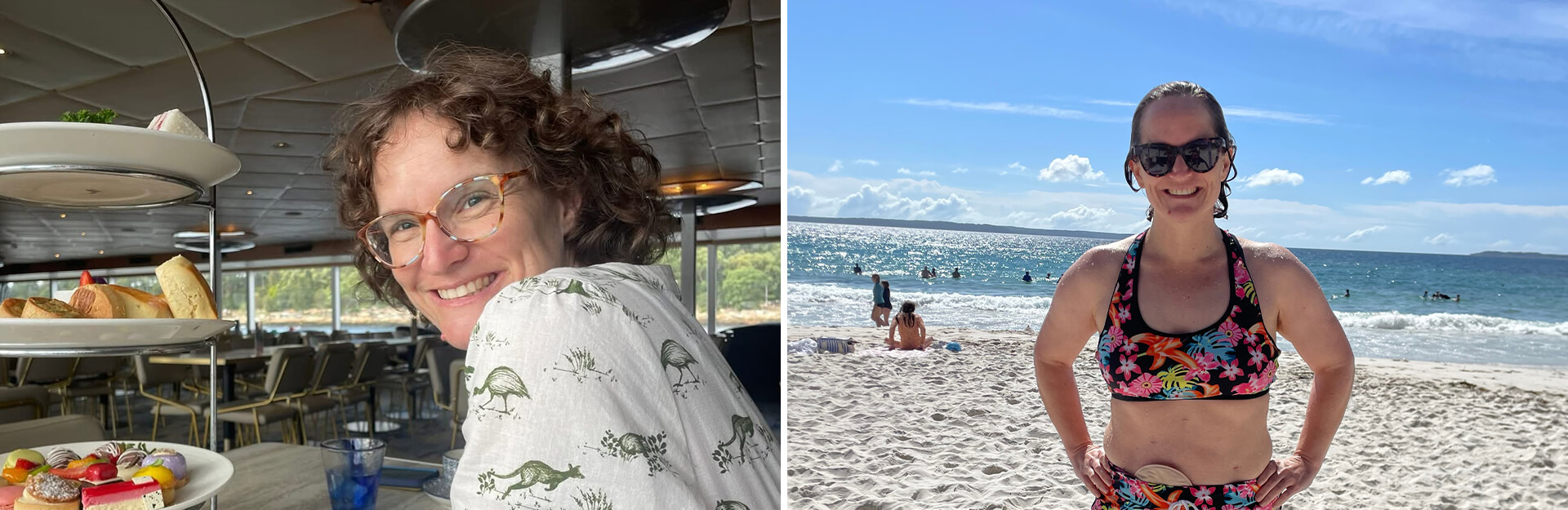 Two images side by side: one of a woman smiling in a restaurant, the other of a woman in a bikini at the beach.