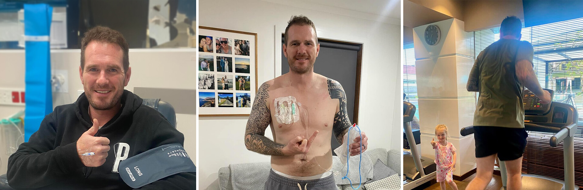 A man gives a thumbs-up in a medical setting, then poses shirtless with a medical device, and finally runs on a treadmill with a child.