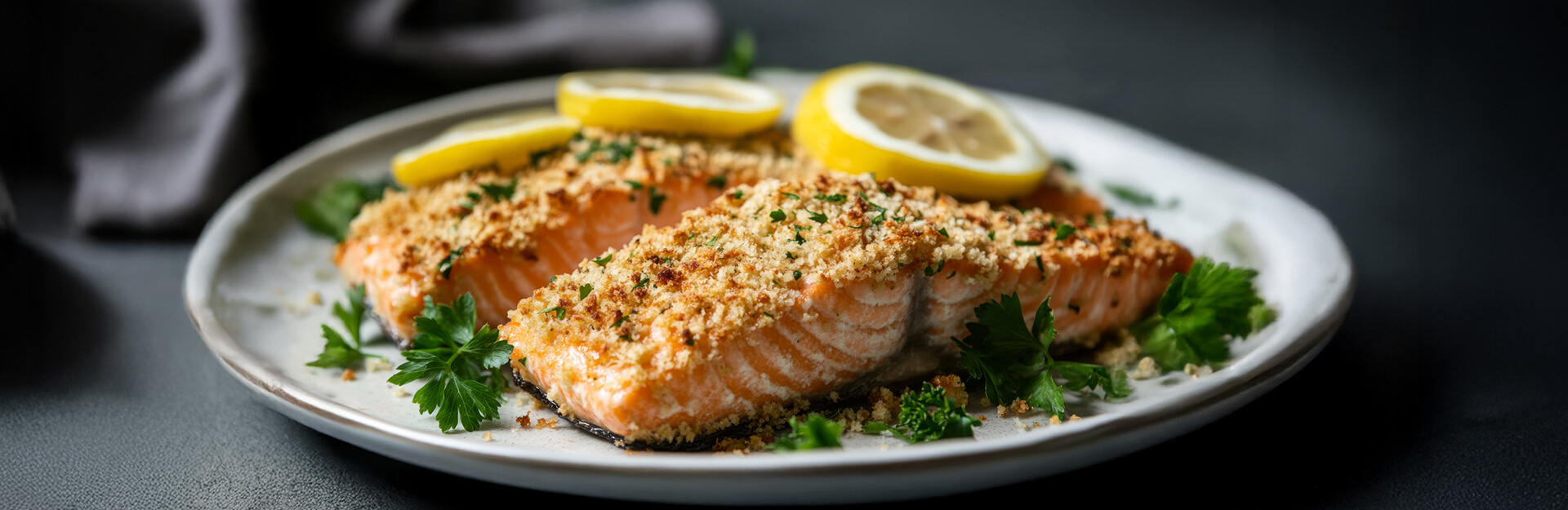 Baked salmon fillets topped with breadcrumbs, garnished with parsley and lemon slices on a white plate.