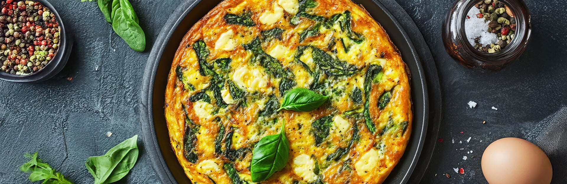 A spinach frittata garnished with basil, surrounded by spices, salt, and an egg on a dark surface.