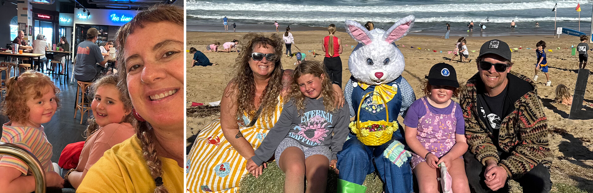 A woman and three children pose with a person in a bunny costume on the beach, with waves and other beachgoers in the background.