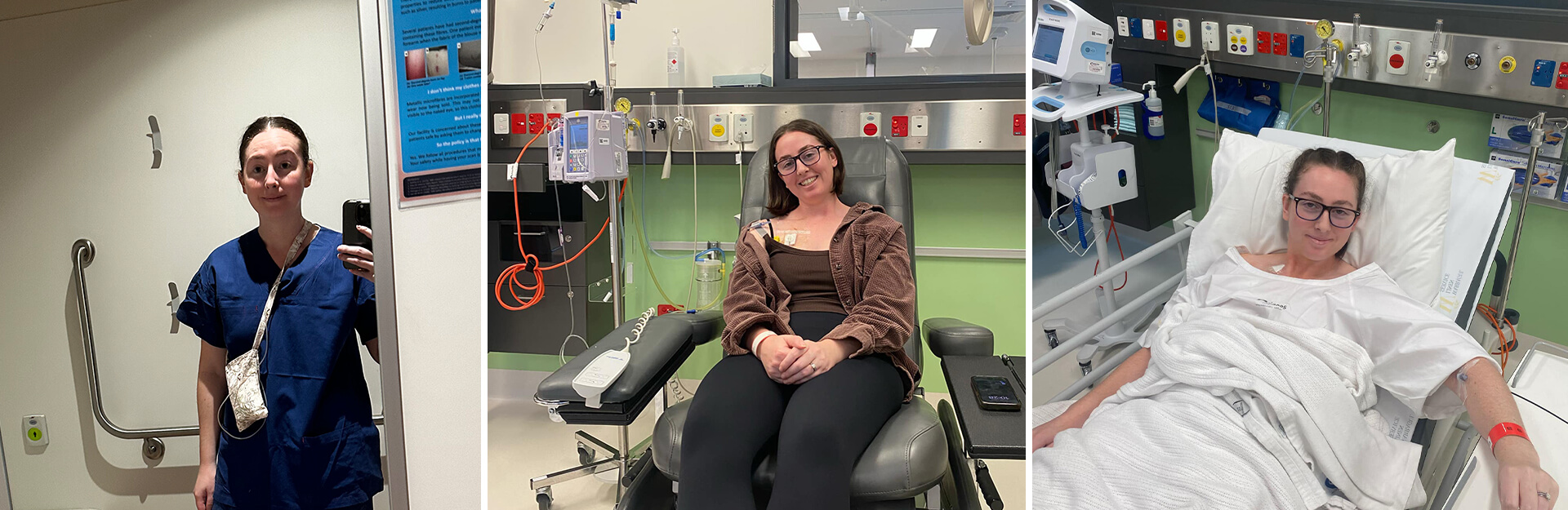 Three images of a woman in a medical setting: one in scrubs, one sitting in a chair, and one in a hospital bed.