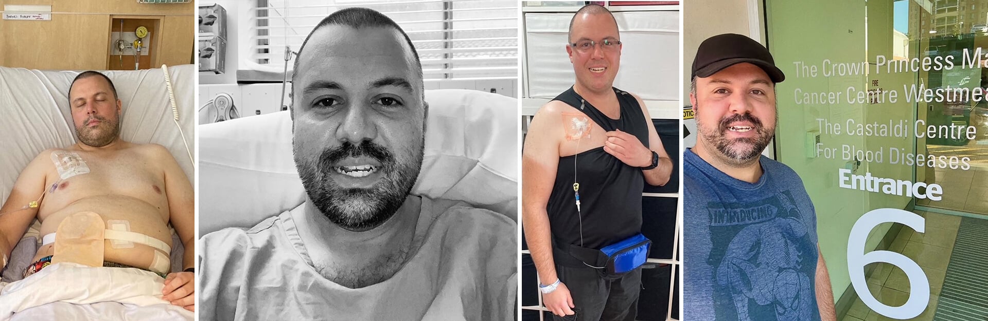A series of four photos showing a man in various hospital settings, including treatment and outside a cancer center.