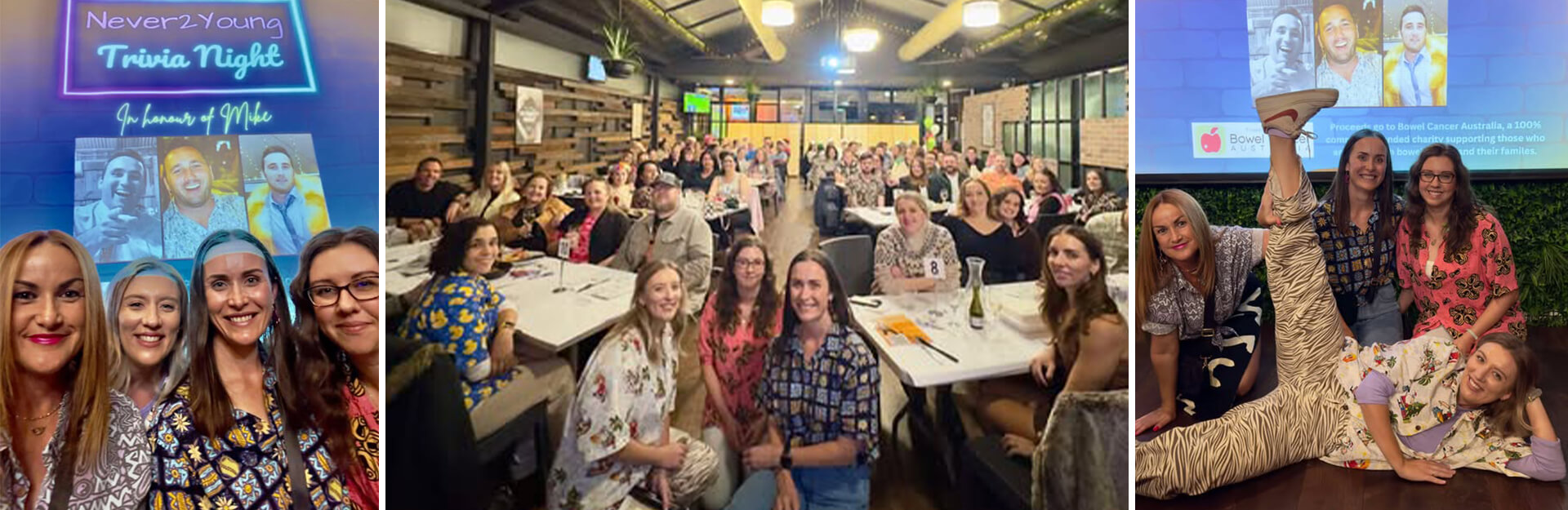 A lively trivia night with a large group of people at tables, smiling and enjoying the event, with a colorful backdrop.
