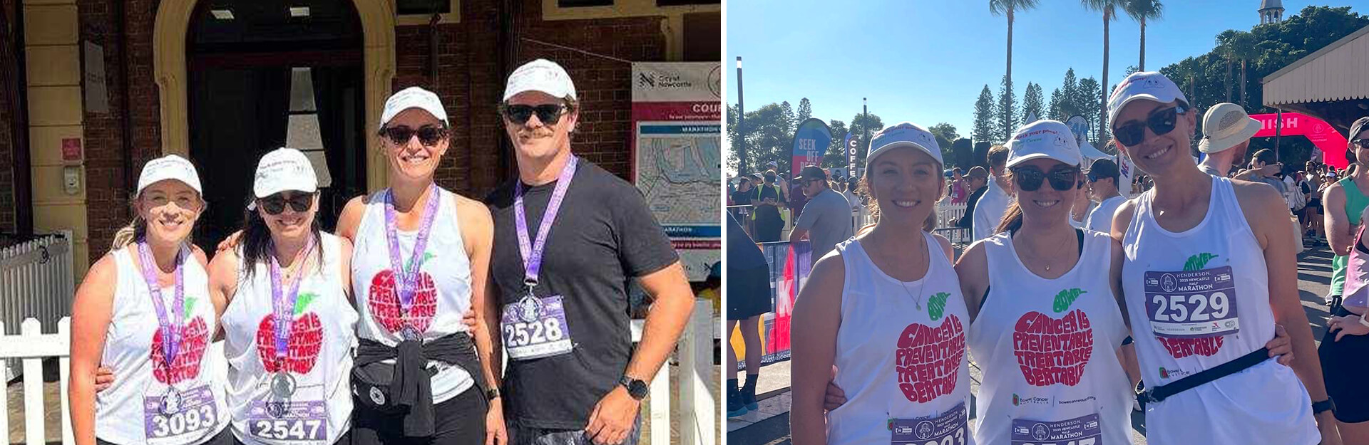 Four people in athletic gear pose together at a marathon event, wearing medals and hats, with a crowd in the background.