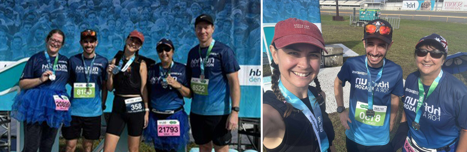 A group of five people wearing race shirts and medals, posing together at a running event.