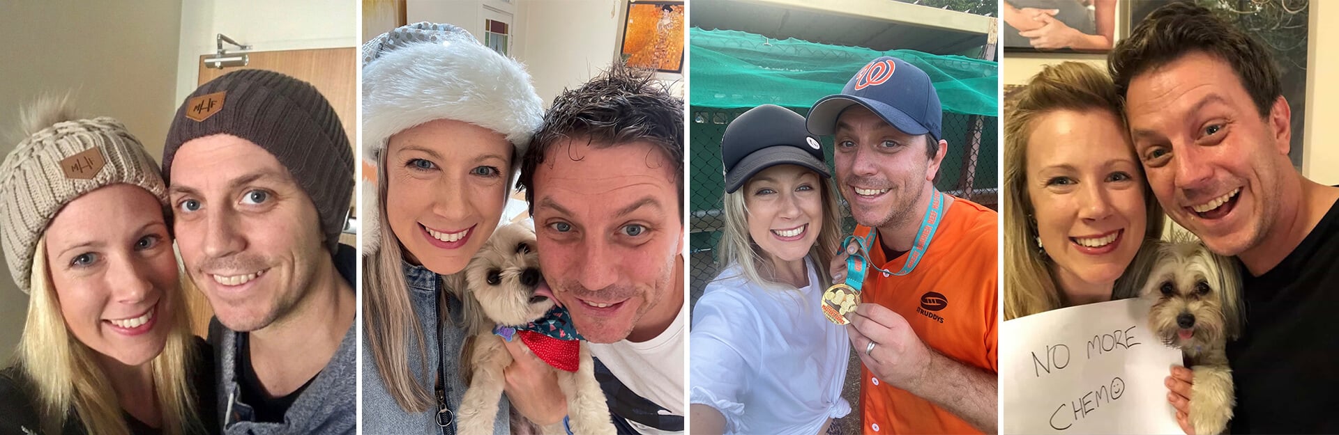 A collage of four selfies featuring a couple with a dog, celebrating moments with hats, a medal, and a sign.