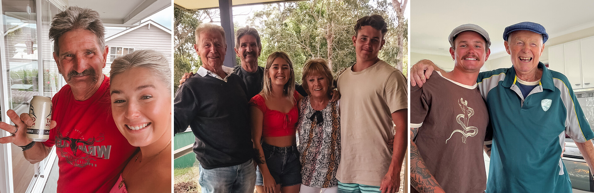 Three images of people enjoying time together: two selfies with smiles, and a group photo with five individuals.