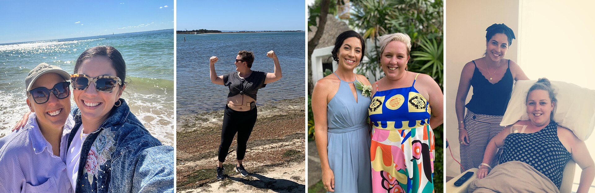 A collage of five images showing friends at the beach, celebrating, and supporting each other in a hospital setting.