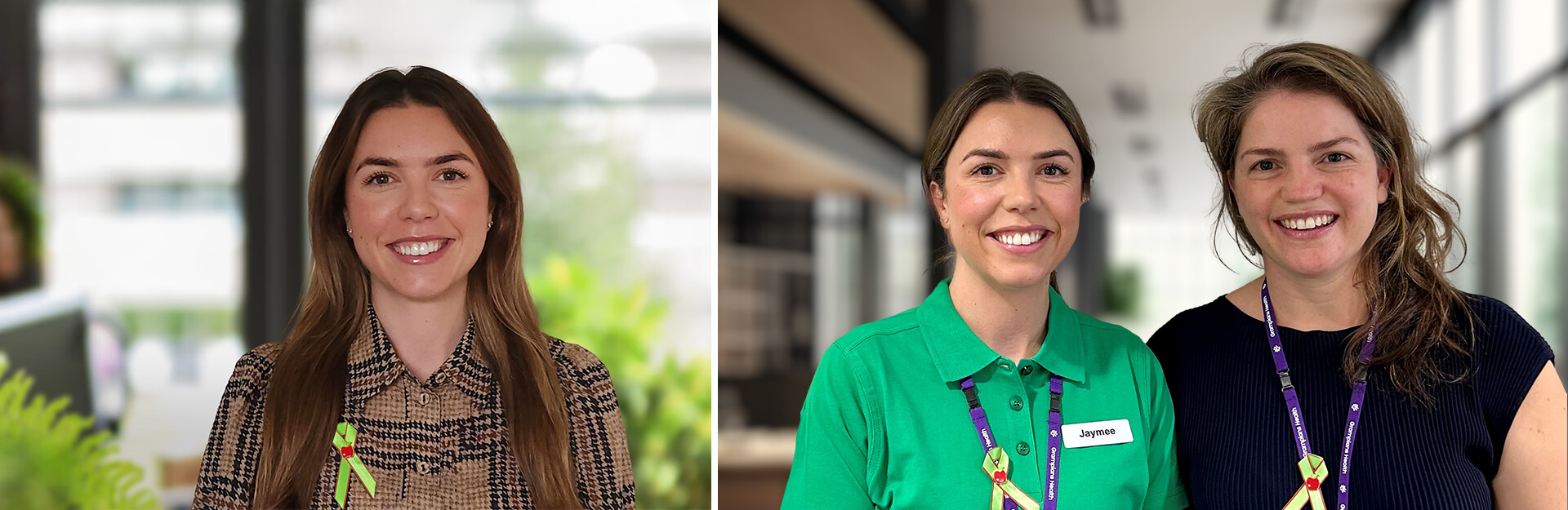 Two women smile in a bright indoor setting; one wears a patterned shirt, the other a green polo with a name tag.