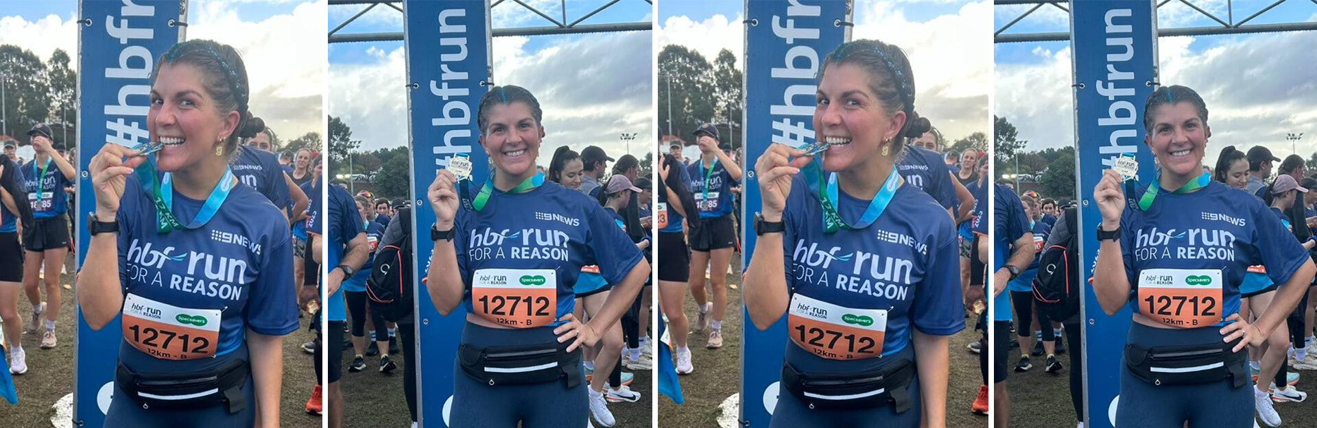 A smiling runner holds a medal, wearing a blue "hbf run for a reason" shirt, surrounded by fellow participants.