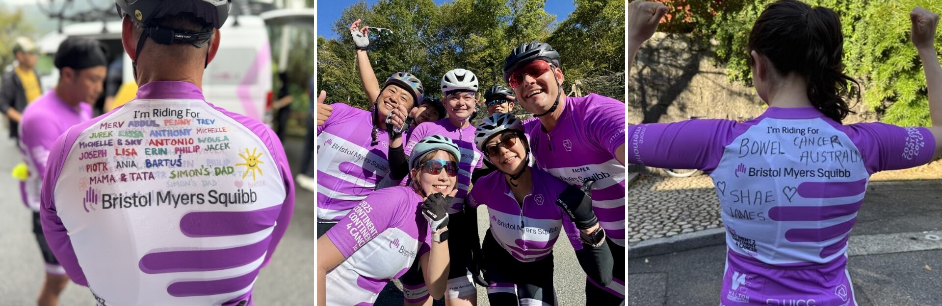 A group of cyclists in purple jerseys, showcasing names and causes on their backs, smiling together outdoors.