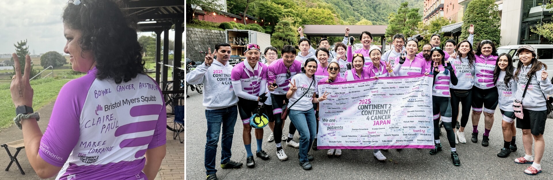 A woman in a cycling jersey poses with a peace sign, while a group of cyclists holds a banner for a cancer awareness event.