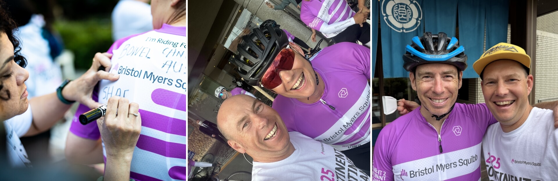 Participants in cycling event wearing purple jerseys, smiling, and signing each other's jerseys.