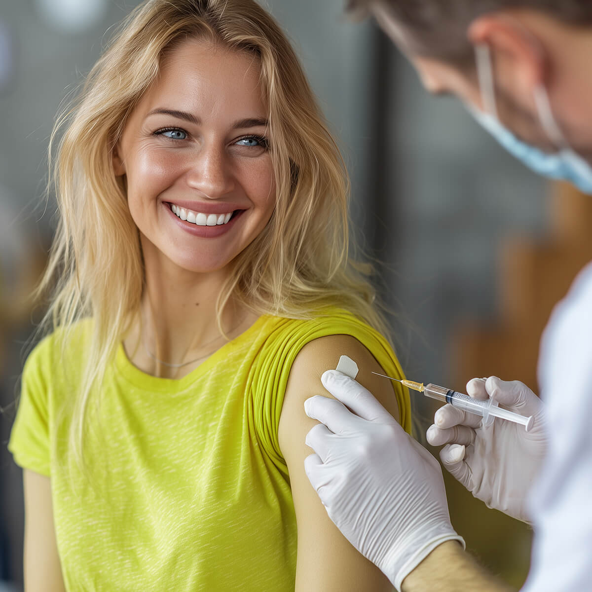 A smiling woman in a yellow shirt receives a vaccine from a healthcare professional wearing gloves.