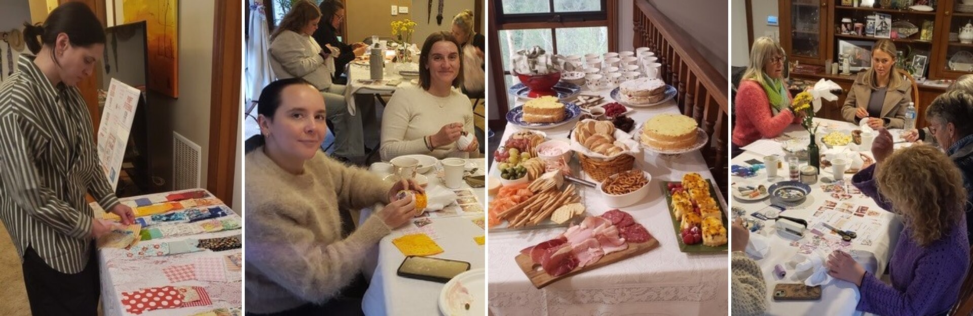 A group of people engaged in crafting and enjoying a variety of snacks at a table with food and drinks.