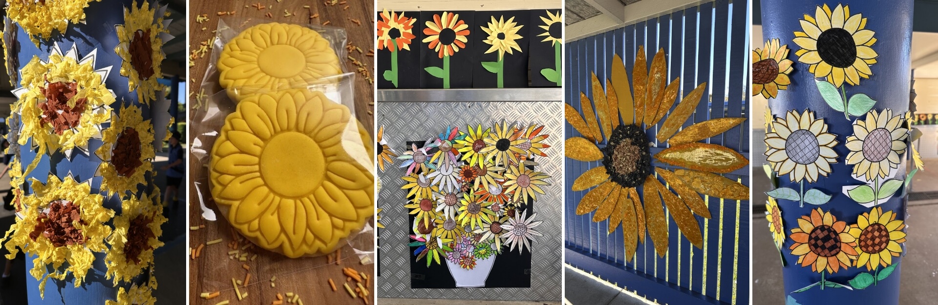 A collage of sunflower-themed crafts, including paper flowers, cookies, and wall decorations.