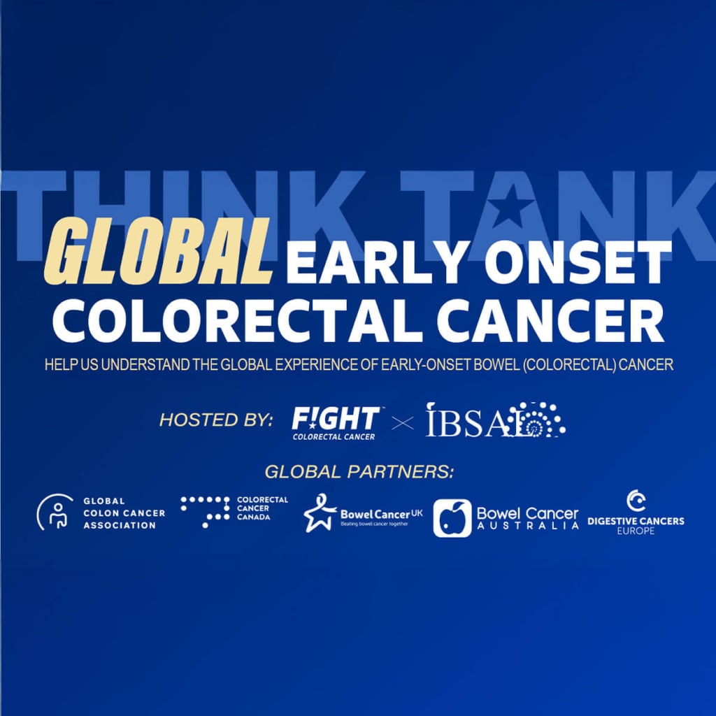 Blue background with text about a global think tank on early-onset colorectal cancer, listing hosts and partners.