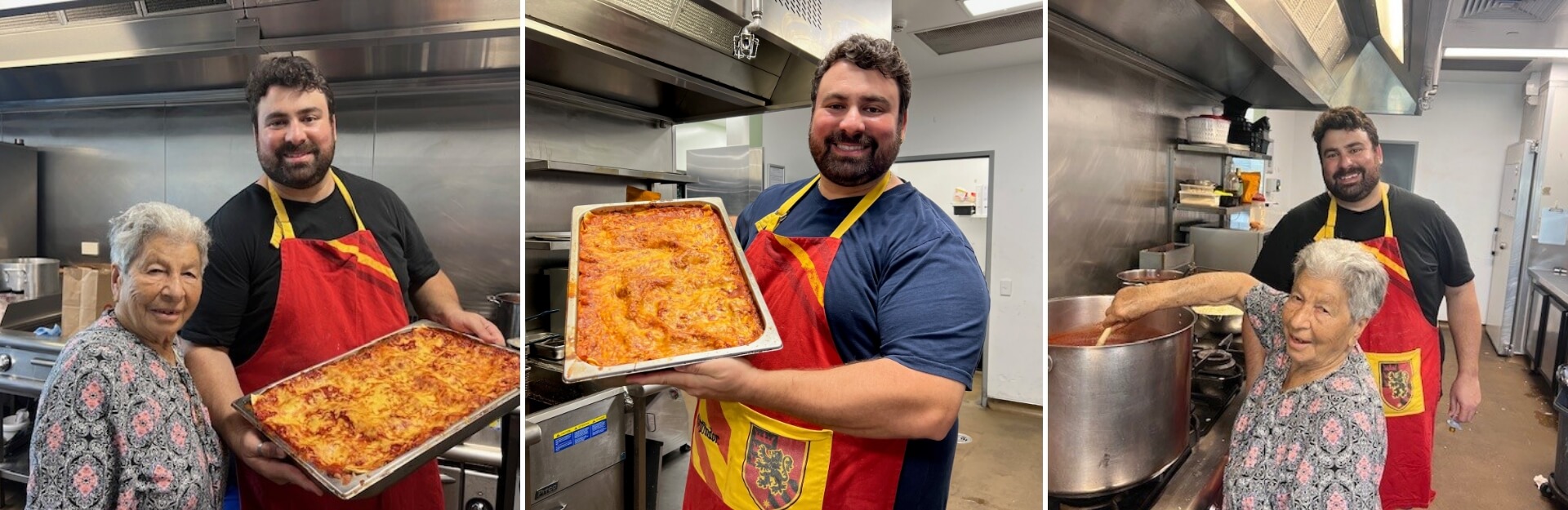A man and a woman are cooking in a kitchen, holding a tray of lasagna and stirring a large pot.